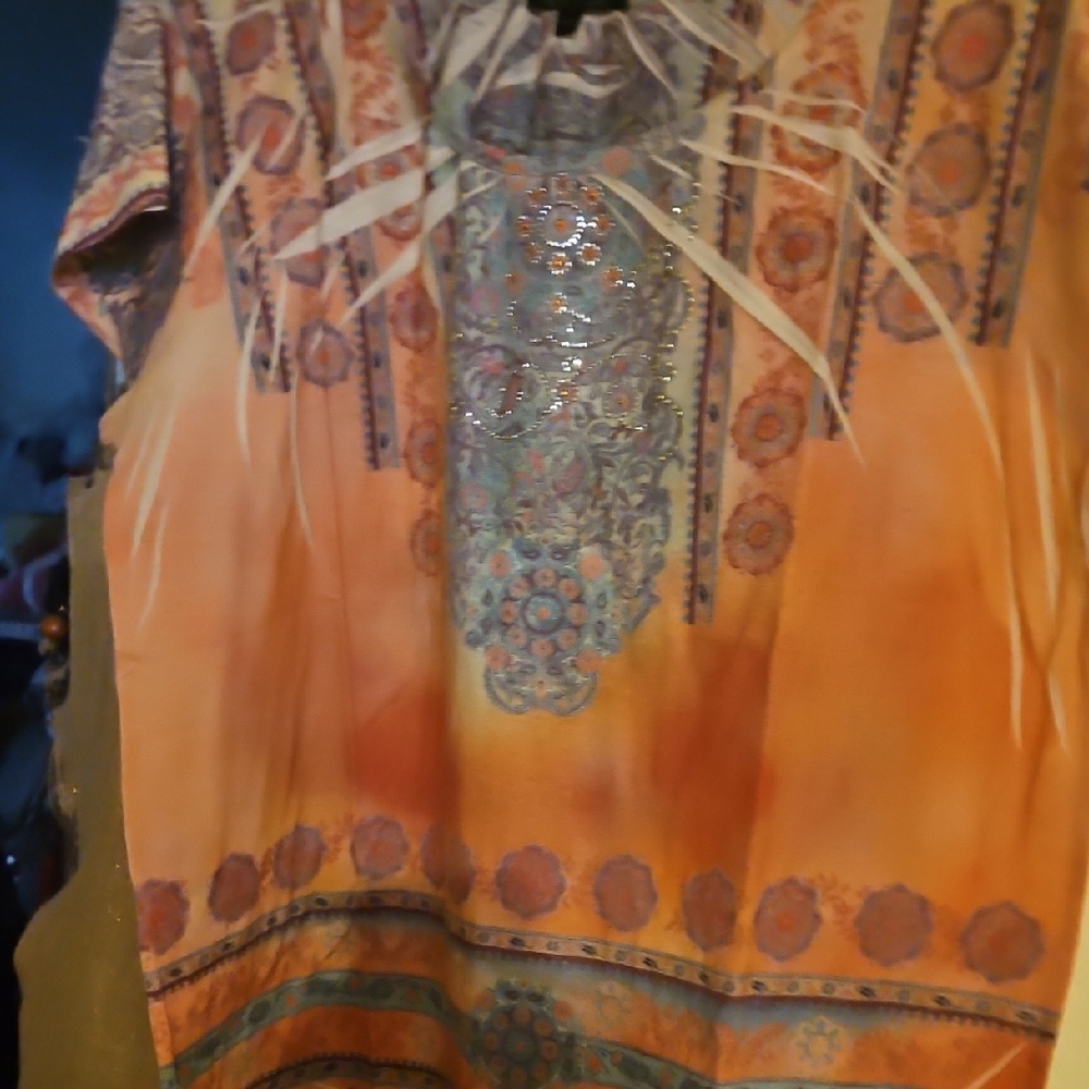 Elegant Orange Patterned Blouse With Beads 1X